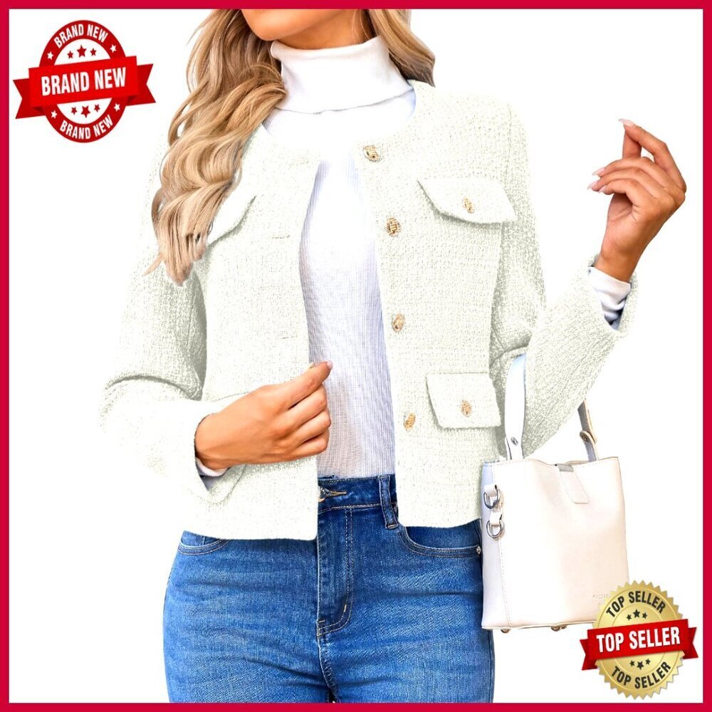 Tweed Blazer Cropped Jacket Long Sleeve Button Down Casual Professional